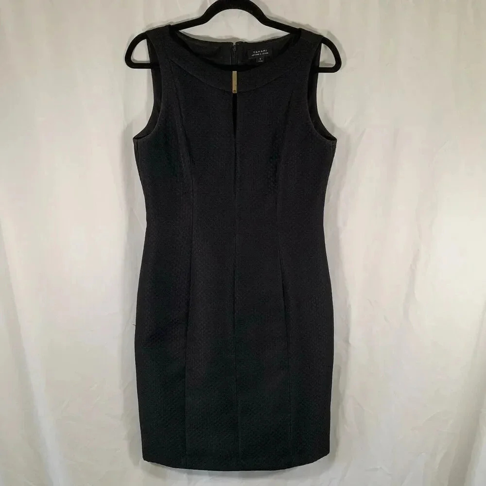 Tahari Knee Length Dress Women's 6 Black Textured Sleevless Round Neck